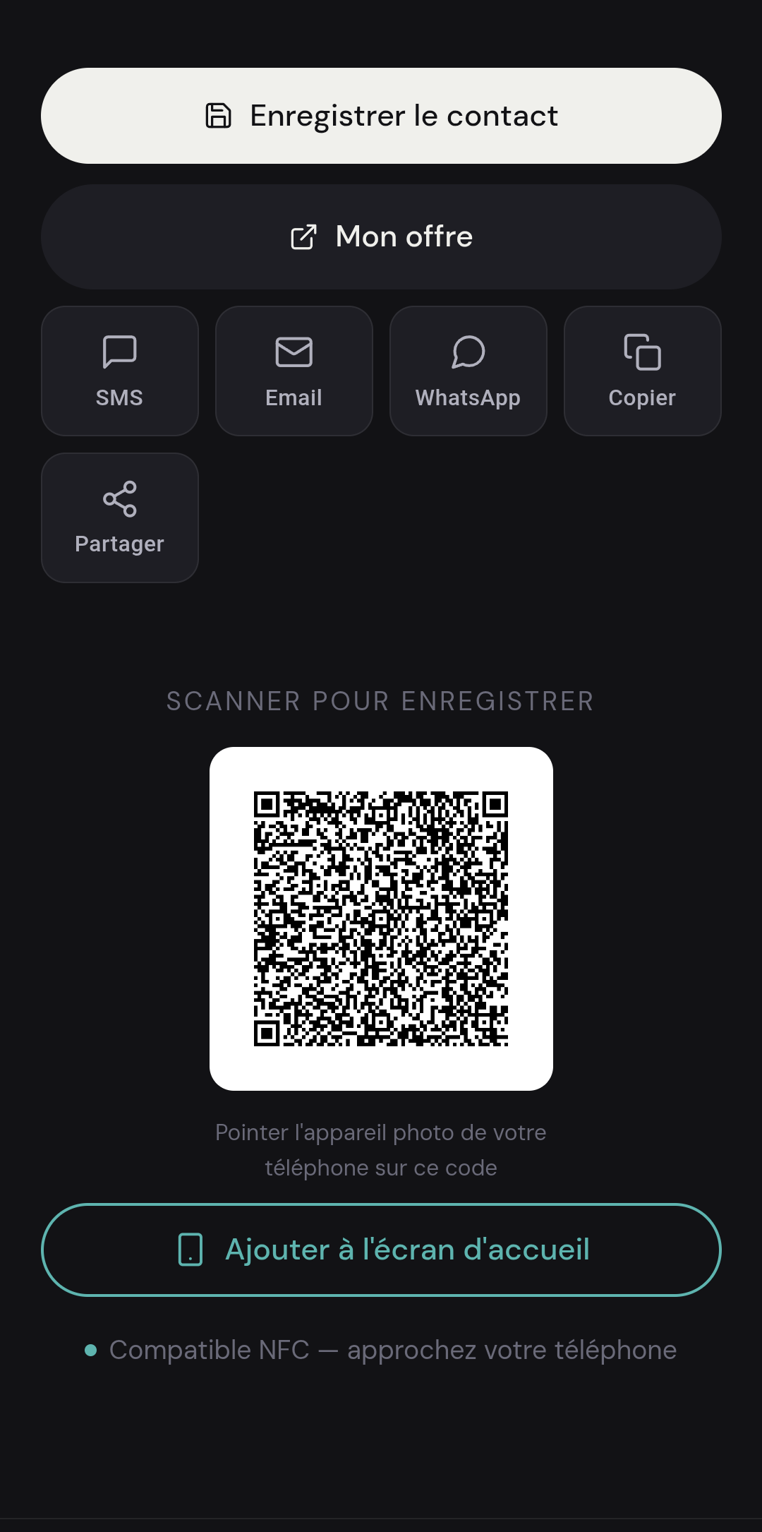 Écran d'actions — carte de visite Cartiz
